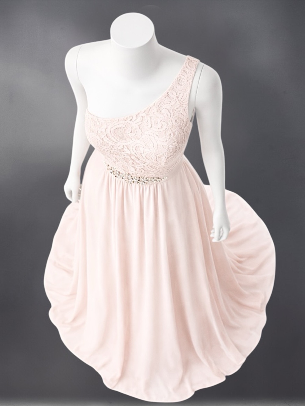 Adrianna Papell Blush Lace Crystal Embellished One-Shoulder Formal Gown - Picture 8 of 12